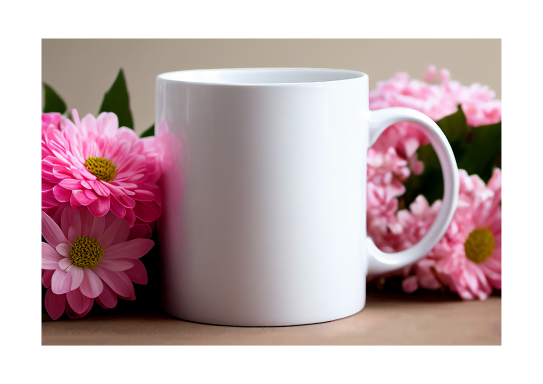 Tasse blanche pour sublimation, entourée de fleurs roses sur une surface en bois.